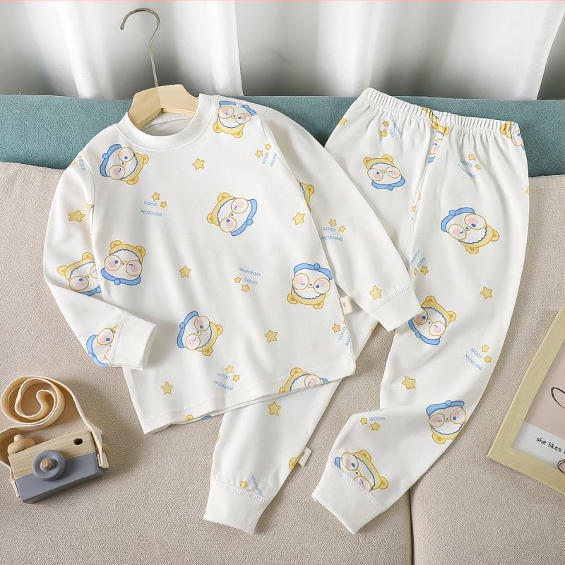 Set de pijamale din bumbac pentru copii, imprimeu desen animat, stil proaspăt și casual, confortabil pentru primăvară și toamnă, pentru băieți și fete.