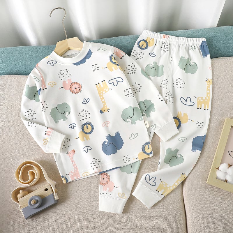 Set de pijamale din bumbac pentru copii, imprimeu desen animat, stil proaspăt și casual, confortabil pentru primăvară și toamnă, pentru băieți și fete.