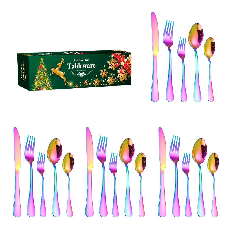 Set de tacâmuri din oțel inoxidabil, 20 bucăți, cu mânere modelate, în cutie cadou — oțel inoxidabil 410, stil lux ușor; Argintiu, Auriu, Roz auriu, Iriscent, Negru