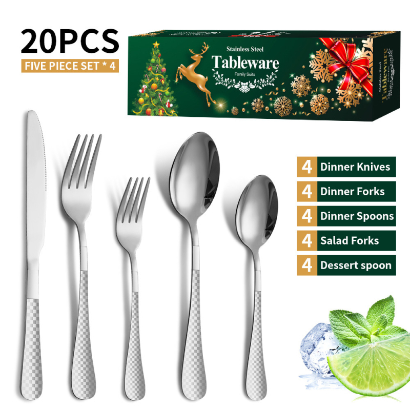 Set de tacâmuri din oțel inoxidabil, 20 bucăți, cu mânere modelate, în cutie cadou — oțel inoxidabil 410, stil lux ușor; Argintiu, Auriu, Roz auriu, Iriscent, Negru