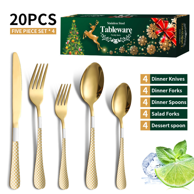 Set de tacâmuri din oțel inoxidabil, 20 bucăți, cu mânere modelate, în cutie cadou — oțel inoxidabil 410, stil lux ușor; Argintiu, Auriu, Roz auriu, Iriscent, Negru