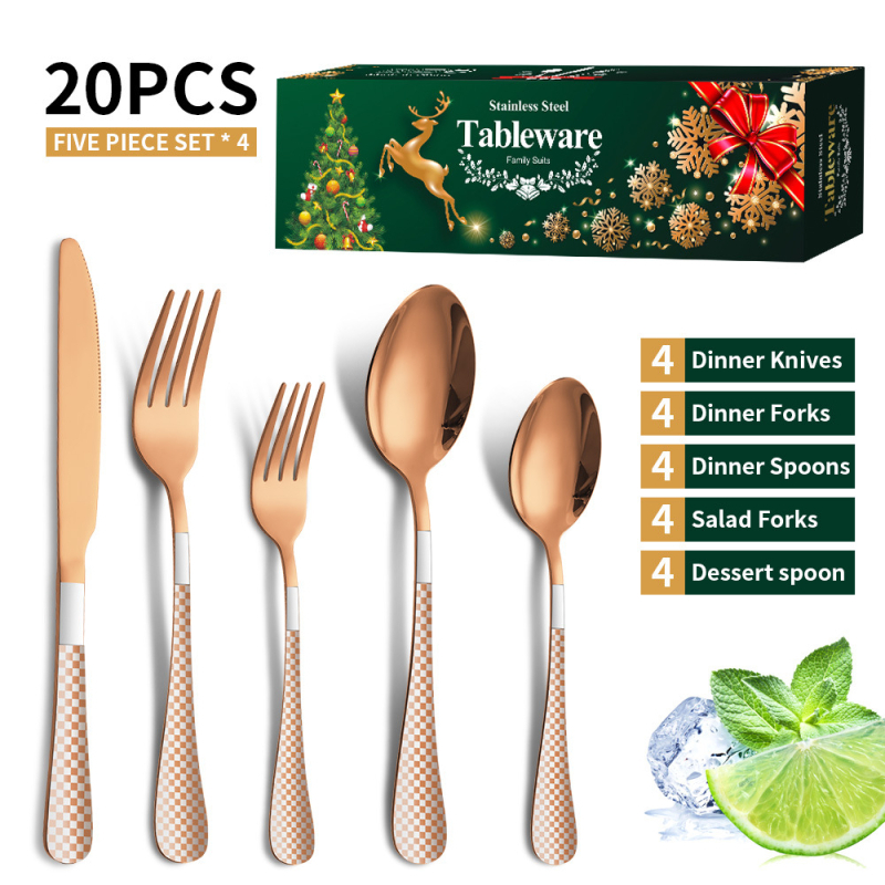 Set de tacâmuri din oțel inoxidabil, 20 bucăți, cu mânere modelate, în cutie cadou — oțel inoxidabil 410, stil lux ușor; Argintiu, Auriu, Roz auriu, Iriscent, Negru