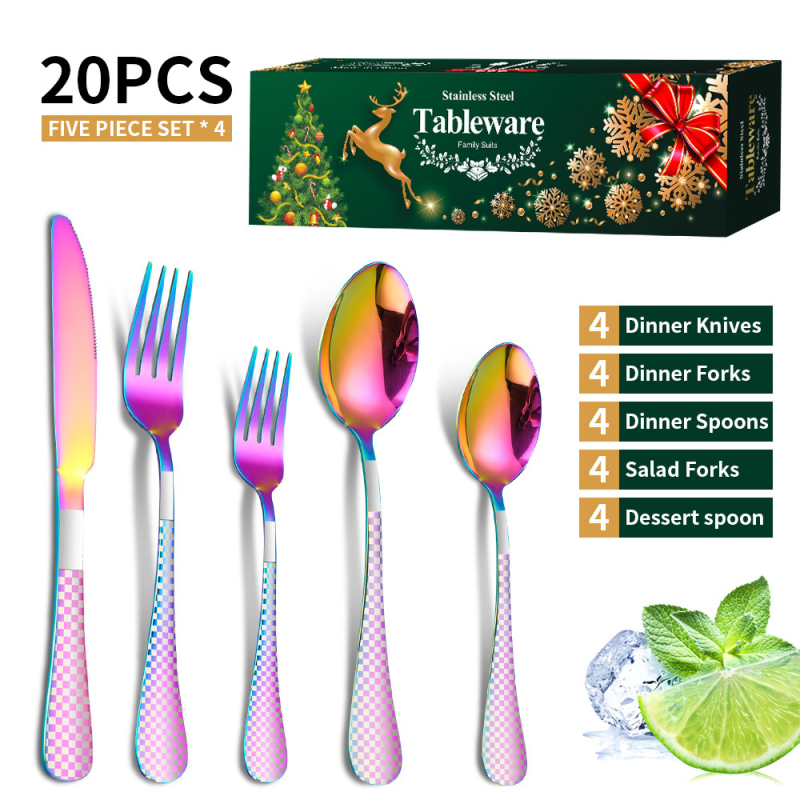 Set de tacâmuri din oțel inoxidabil, 20 bucăți, cu mânere modelate, în cutie cadou — oțel inoxidabil 410, stil lux ușor; Argintiu, Auriu, Roz auriu, Iriscent, Negru