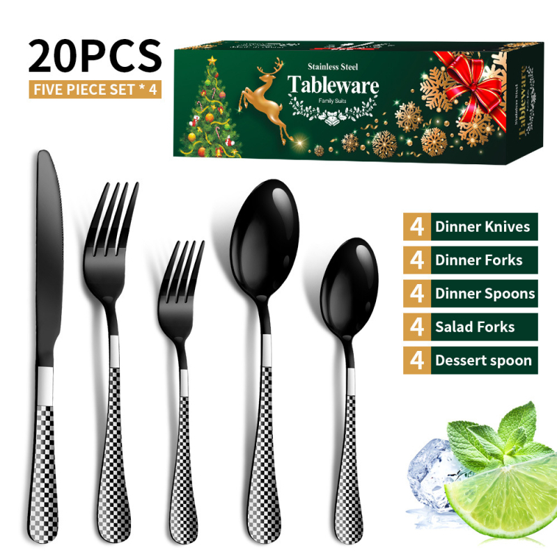 Set de tacâmuri din oțel inoxidabil, 20 bucăți, cu mânere modelate, în cutie cadou — oțel inoxidabil 410, stil lux ușor; Argintiu, Auriu, Roz auriu, Iriscent, Negru