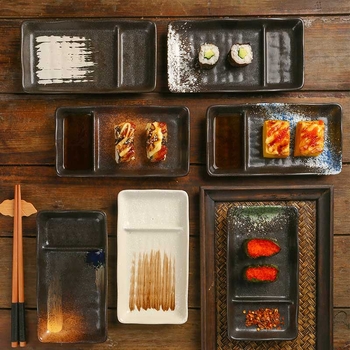 Farfurie din porțelană cu două compartimente și vas pentru sos, în stil japonez, pentru prăjituri, sushi, deserturi și gustări.