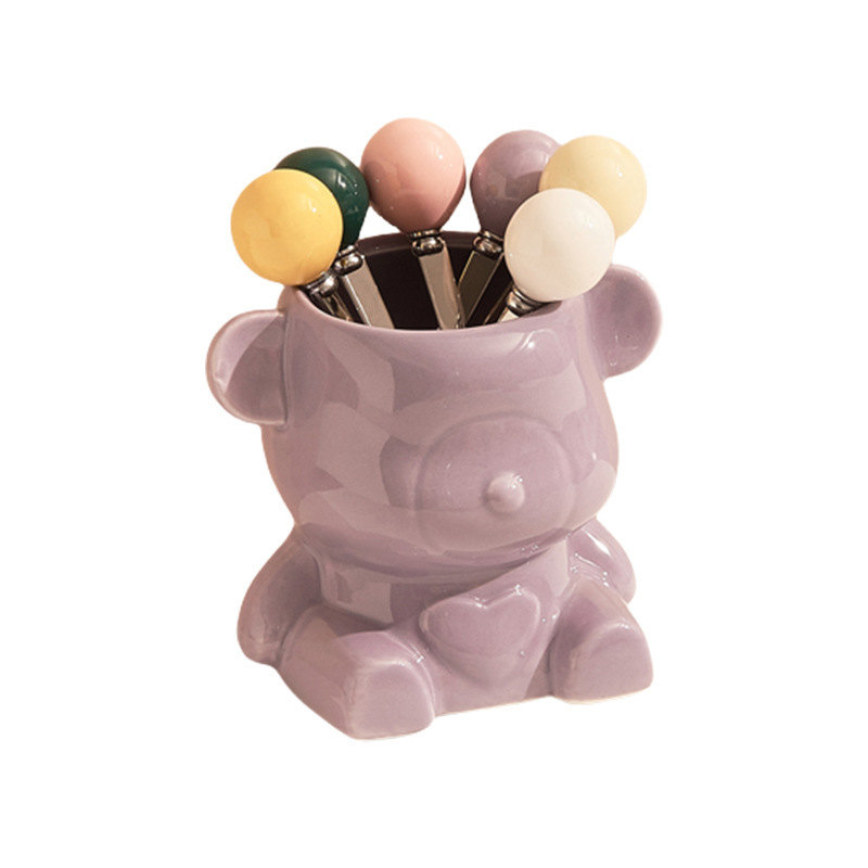 Set ceramic cu ursuleț crem, pentru furculițe și linguri de fructe, în borcan