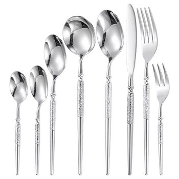 Set de tacâmuri în stil occidental, din oțel inoxidabil 304, finisaj ciocănit: cuțit pentru steak, furculiță și lingură de desert, lucrat manual premium