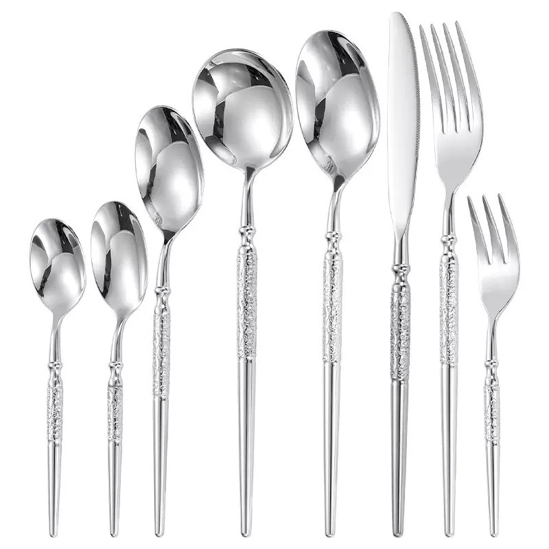 Set de tacâmuri în stil occidental, din oțel inoxidabil 304, finisaj ciocănit: cuțit pentru steak, furculiță și lingură de desert, lucrat manual premium