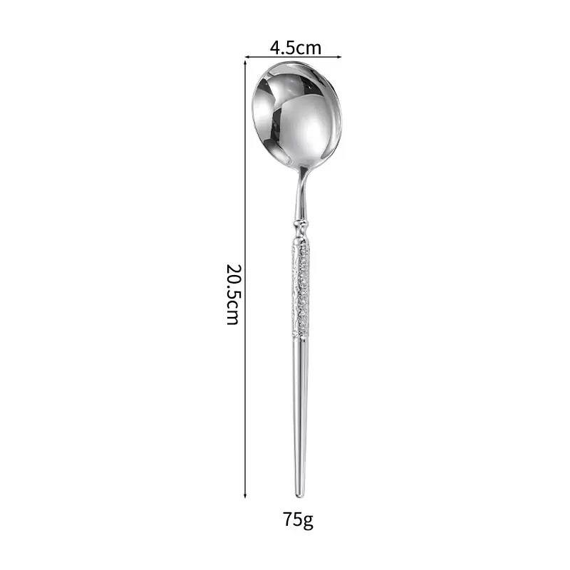 Set de tacâmuri în stil occidental, din oțel inoxidabil 304, finisaj ciocănit: cuțit pentru steak, furculiță și lingură de desert, lucrat manual premium