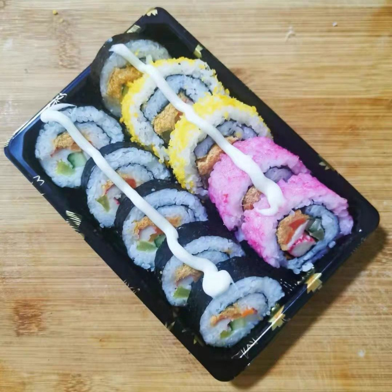 Cutie de sushi de unică folosință, dreptunghiulară, din plastic, pentru takeout, somon sashimi japonez, stil gunkan