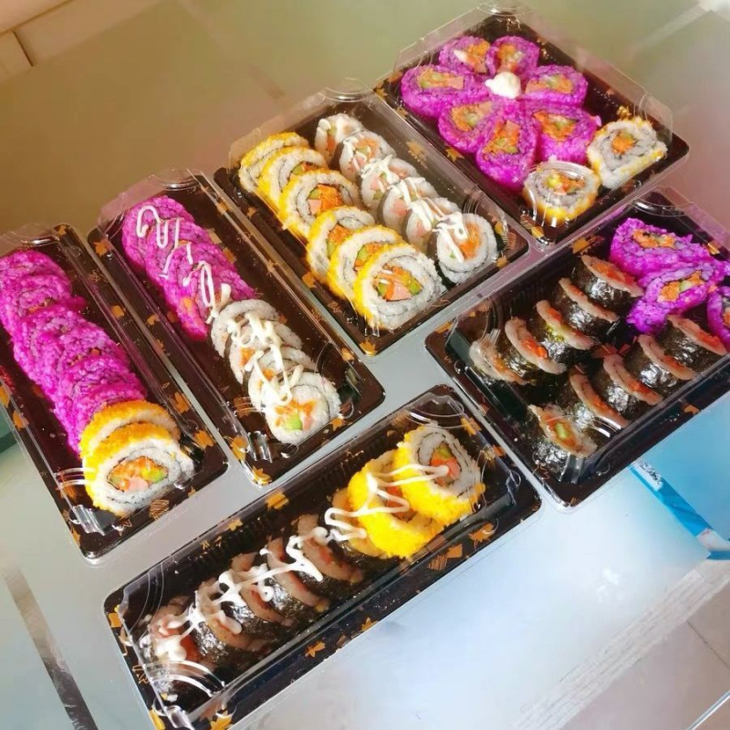 Cutie de sushi de unică folosință, dreptunghiulară, din plastic, pentru takeout, somon sashimi japonez, stil gunkan