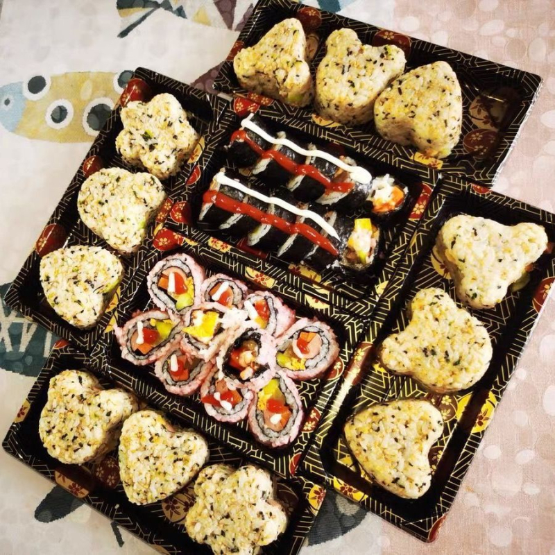 Cutie de sushi de unică folosință, dreptunghiulară, din plastic, pentru takeout, somon sashimi japonez, stil gunkan