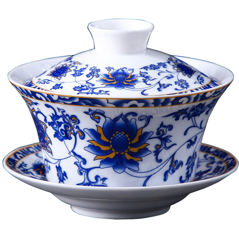 Vas ceramic cu capac pentru ceai, glazură Sancai, ceai cu opt comori, capac mare, porțelan alb, ceașcă de ceai cu flori și cafea