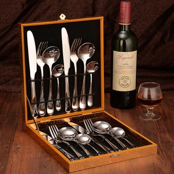 Set de tacâmuri din oțel inoxidabil, stil european, 24 piese, cutie cadou, include cuțite pentru friptură, furci și linguri