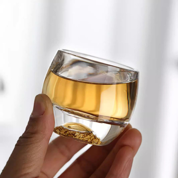 Cească Gongfu turcoaz din sticlă, transparentă, cu folie de aur