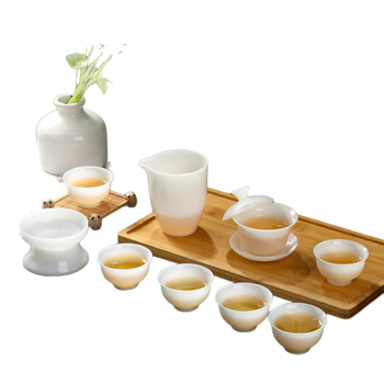 Set Gongfu de ceai din porțelan, cu vas cu capac din trei părți, alb gheață