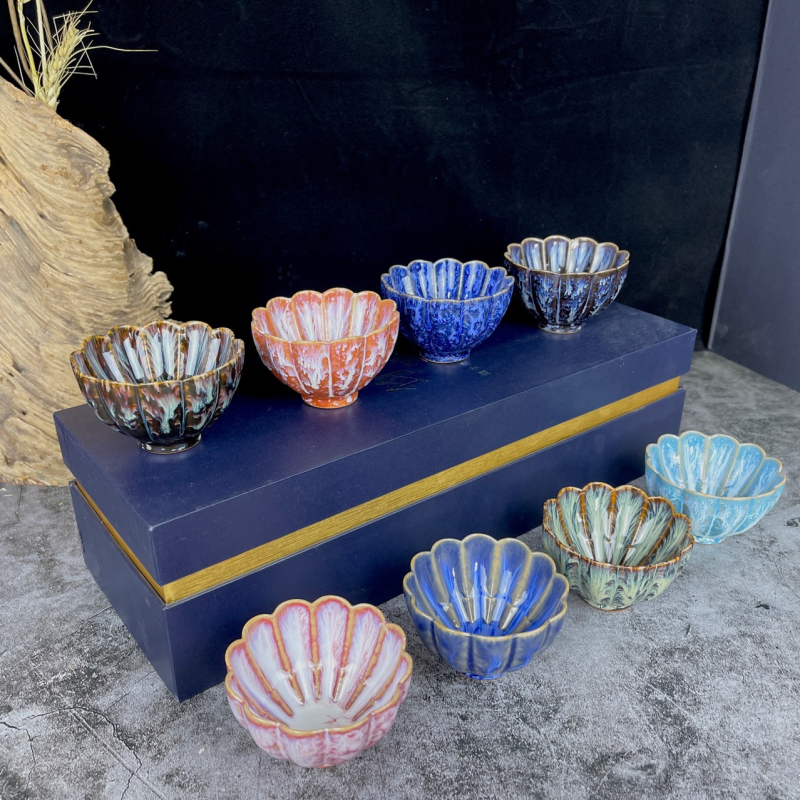 Ceașcă de ceai ceramică cu glazură Jian Kiln, cu design petal, set Kung Fu ceai cu cutie cadou