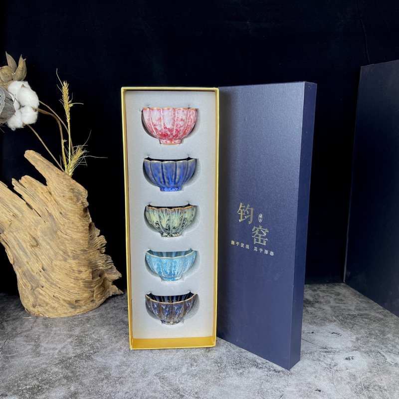 Ceașcă de ceai ceramică cu glazură Jian Kiln, cu design petal, set Kung Fu ceai cu cutie cadou