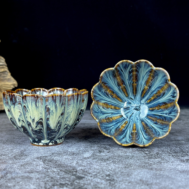 Ceașcă de ceai ceramică cu glazură Jian Kiln, cu design petal, set Kung Fu ceai cu cutie cadou