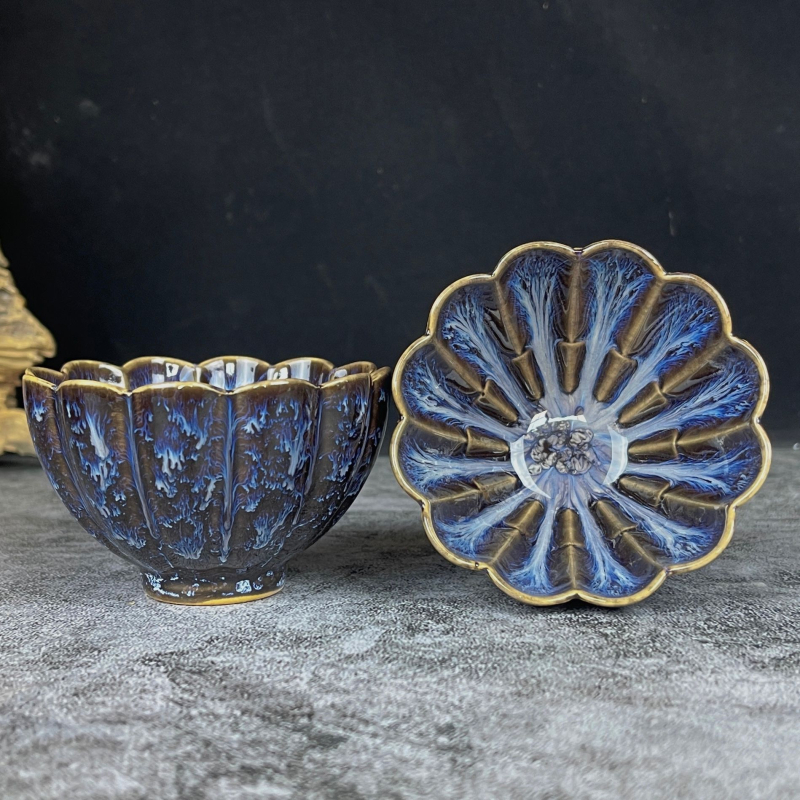 Ceașcă de ceai ceramică cu glazură Jian Kiln, cu design petal, set Kung Fu ceai cu cutie cadou