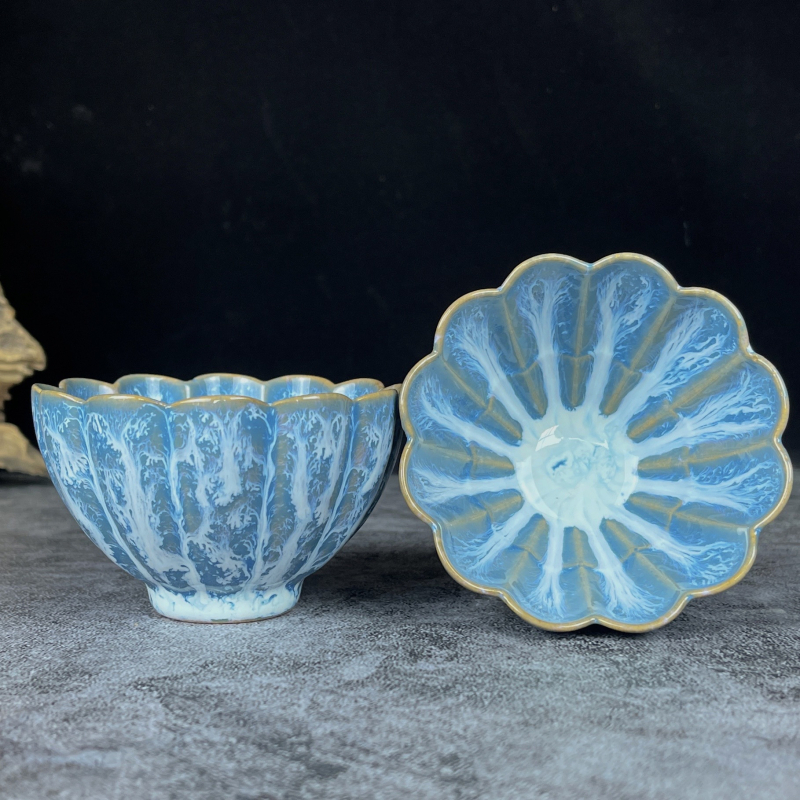 Ceașcă de ceai ceramică cu glazură Jian Kiln, cu design petal, set Kung Fu ceai cu cutie cadou