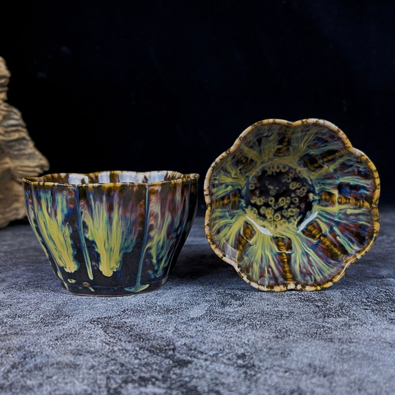 Ceașcă de ceai ceramică cu glazură Jian Kiln, cu design petal, set Kung Fu ceai cu cutie cadou
