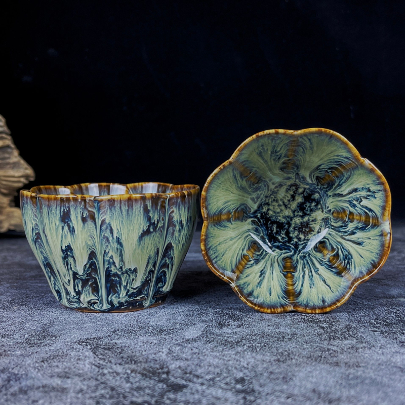 Ceașcă de ceai ceramică cu glazură Jian Kiln, cu design petal, set Kung Fu ceai cu cutie cadou