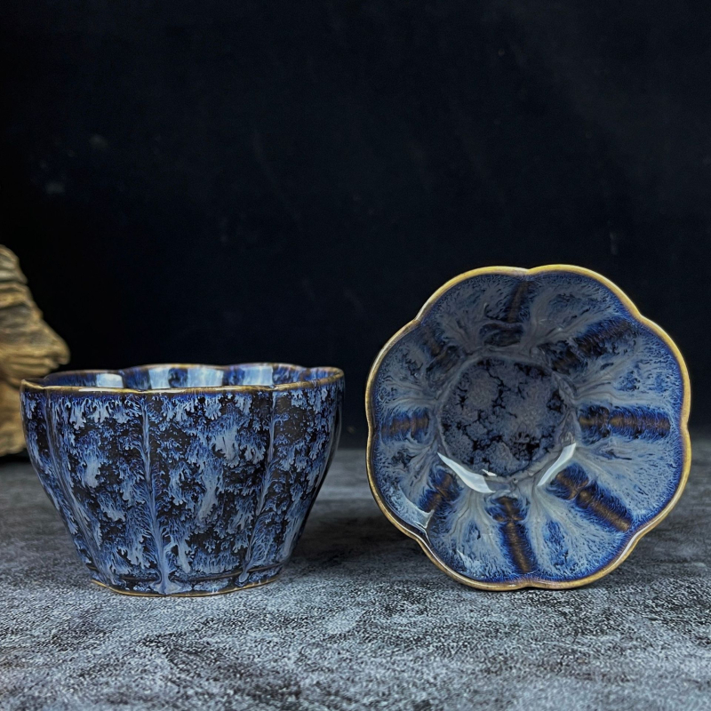 Ceașcă de ceai ceramică cu glazură Jian Kiln, cu design petal, set Kung Fu ceai cu cutie cadou