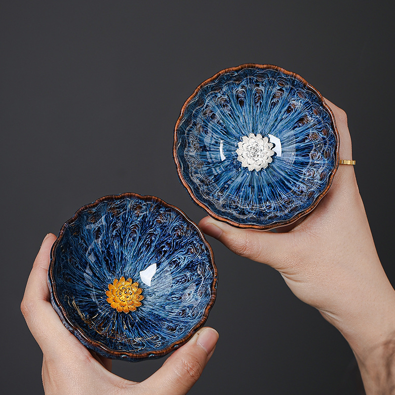Cească Gongfu pentru ceai, cu argint încrustat, ceramică Jian Zhan, model lotus, pentru uz casnic