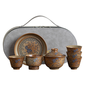 Set de ceai ceramic pentru călătorii, cu ceainic și trei cești – minimalist, portabil pentru exterior, model albastru și alb cu lotus