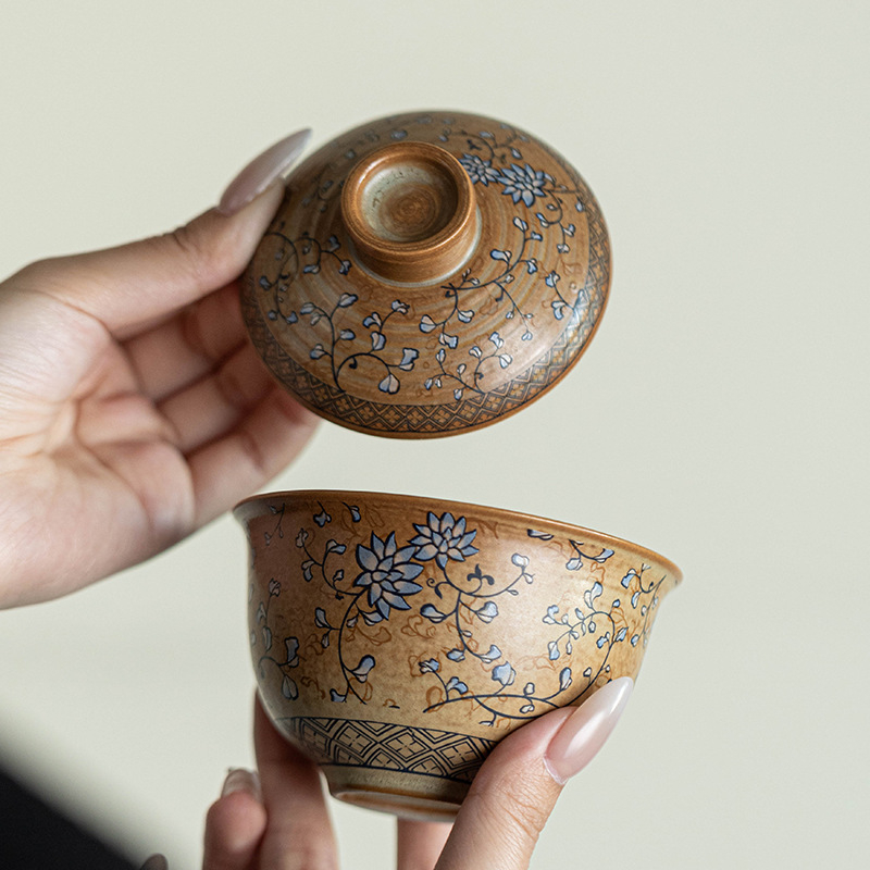Set de ceai ceramic pentru călătorii, cu ceainic și trei cești – minimalist, portabil pentru exterior, model albastru și alb cu lotus