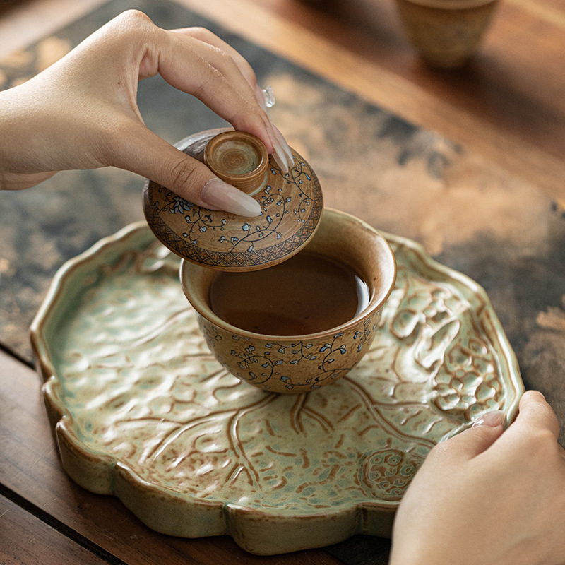 Set de ceai ceramic pentru călătorii, cu ceainic și trei cești – minimalist, portabil pentru exterior, model albastru și alb cu lotus