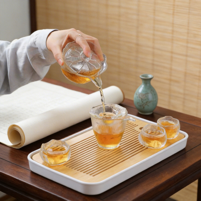 Set gaiwan în stil chinezesc cu lotus, pentru uz casnic, sticlă de cristal, cești de ceai rezistente la temperaturi înalte