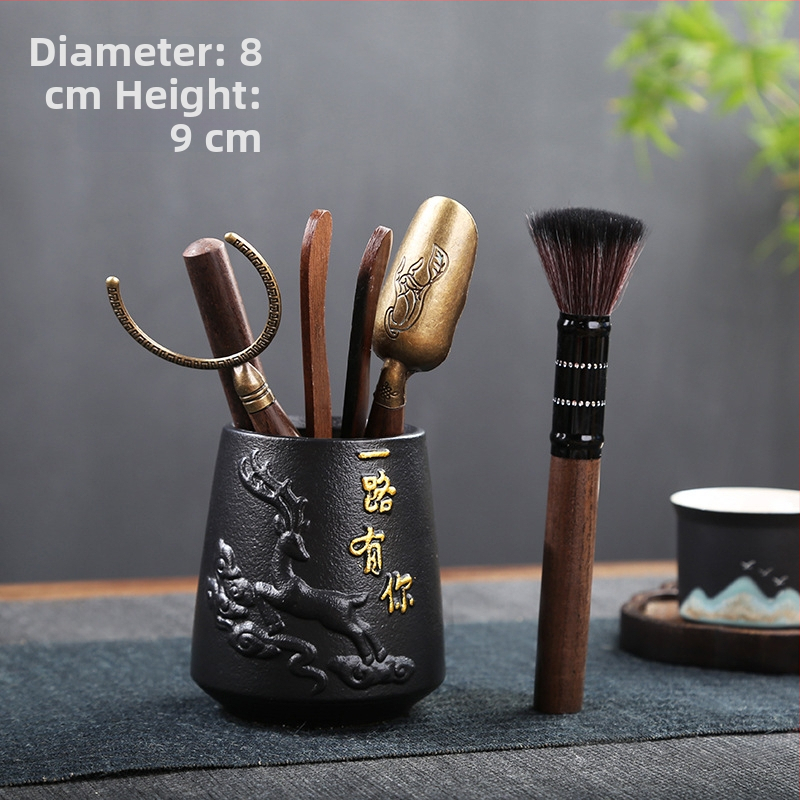 Set ceramic pentru ceremonia ceaiului: Şase domni ai ceaiului, accesorii ceramice, ceainic ceramic, borcan pentru frunze de ceai, decoraţiuni şi clips pentru ceai