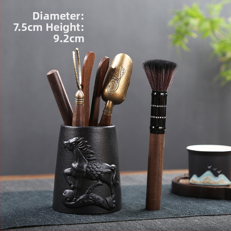Set ceramic pentru ceremonia ceaiului: Şase domni ai ceaiului, accesorii ceramice, ceainic ceramic, borcan pentru frunze de ceai, decoraţiuni şi clips pentru ceai