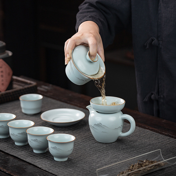 Set ceai Kung Fu Ru Kiln, gaiwan ceramic, ceainic și cești pentru uz casnic, stil minimalist