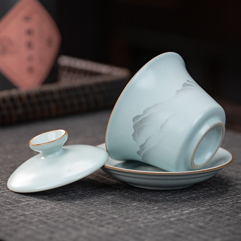 Set ceai Kung Fu Ru Kiln, gaiwan ceramic, ceainic și cești pentru uz casnic, stil minimalist