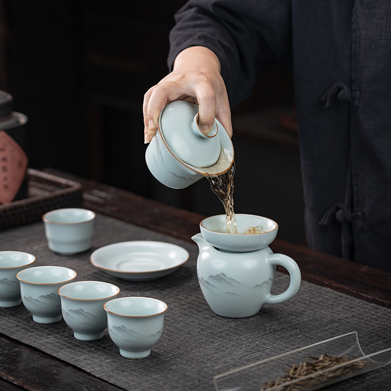 Set ceai Kung Fu Ru Kiln, gaiwan ceramic, ceainic și cești pentru uz casnic, stil minimalist