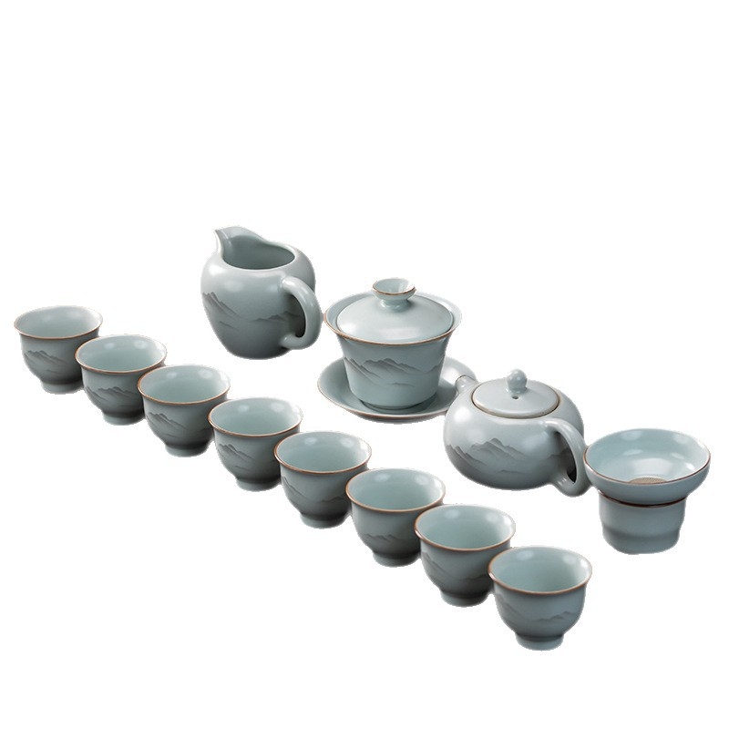 Set ceai Kung Fu Ru Kiln, gaiwan ceramic, ceainic și cești pentru uz casnic, stil minimalist