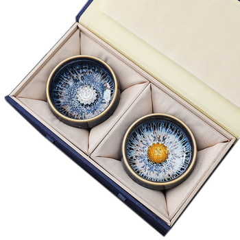 Set de ceai Dunhuang Lotus Jianzhan cu pereche de cești Tianmu, cești argintii — cutie cadou