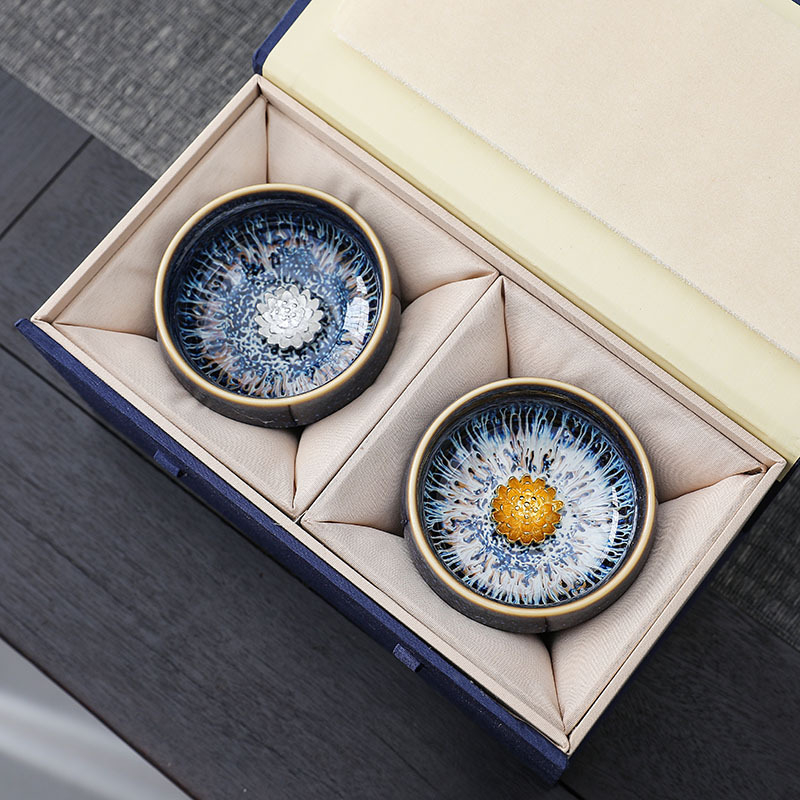 Set de ceai Dunhuang Lotus Jianzhan cu pereche de cești Tianmu, cești argintii — cutie cadou