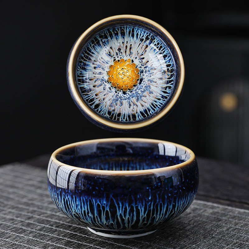 Set de ceai Dunhuang Lotus Jianzhan cu pereche de cești Tianmu, cești argintii — cutie cadou