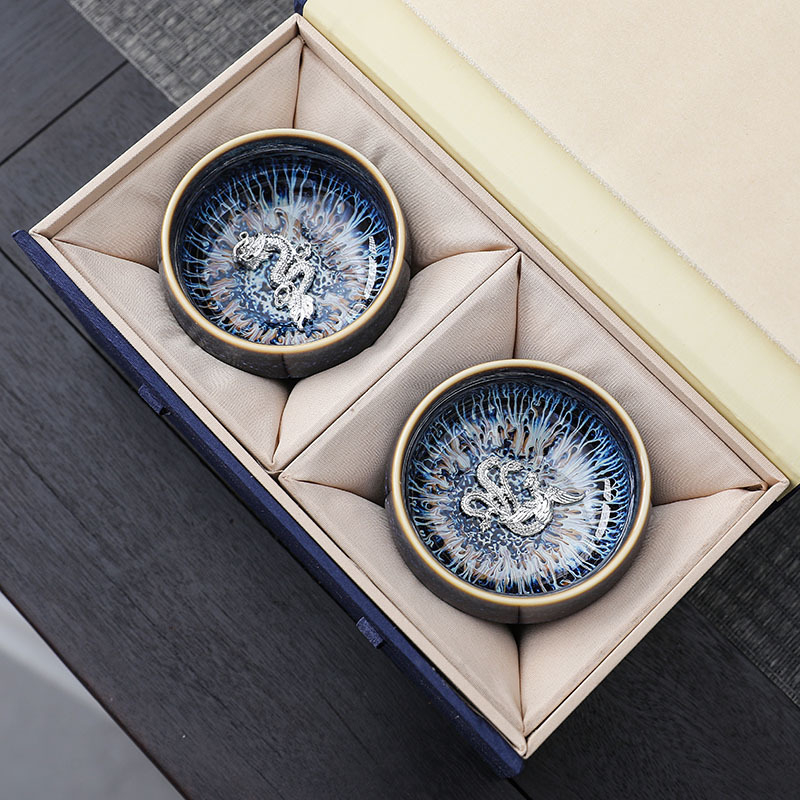 Set de ceai Dunhuang Lotus Jianzhan cu pereche de cești Tianmu, cești argintii — cutie cadou