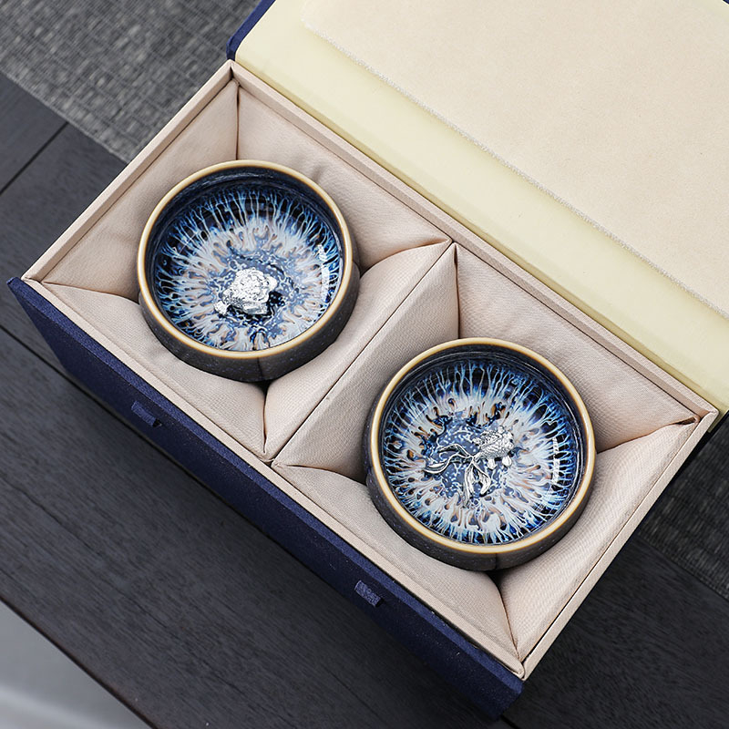 Set de ceai Dunhuang Lotus Jianzhan cu pereche de cești Tianmu, cești argintii — cutie cadou