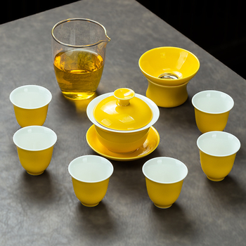 Set de ceai ceramic galben, cu gaiwan și ceașcă, într-o cutie cadou – premium pentru acasă sau pentru afaceri, opțiune logo