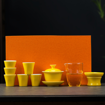 Set de ceai ceramic galben, cu gaiwan și ceașcă, într-o cutie cadou – premium pentru acasă sau pentru afaceri, opțiune logo