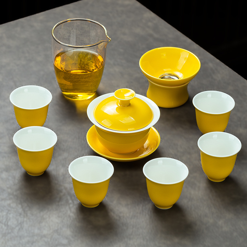 Set de ceai ceramic galben, cu gaiwan și ceașcă, într-o cutie cadou – premium pentru acasă sau pentru afaceri, opțiune logo