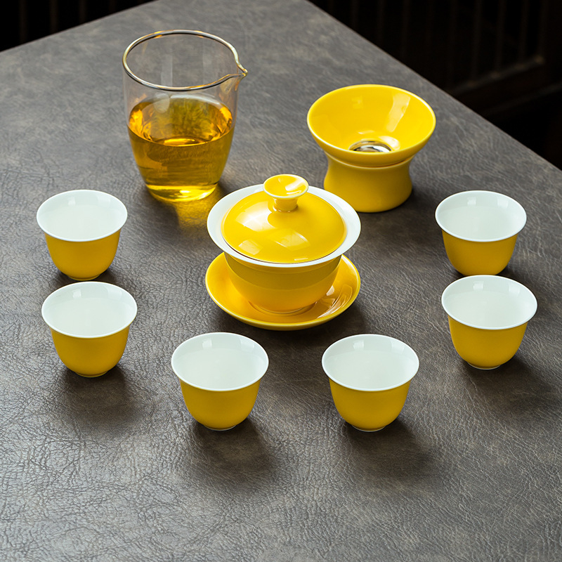 Set de ceai ceramic galben, cu gaiwan și ceașcă, într-o cutie cadou – premium pentru acasă sau pentru afaceri, opțiune logo