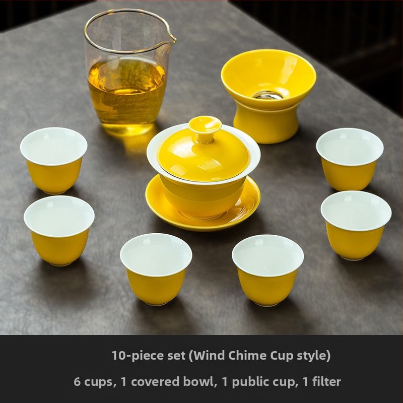 Set de ceai ceramic galben, cu gaiwan și ceașcă, într-o cutie cadou – premium pentru acasă sau pentru afaceri, opțiune logo