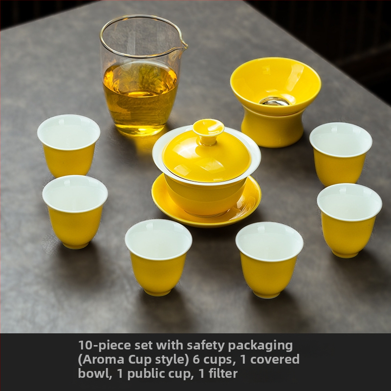 Set de ceai ceramic galben, cu gaiwan și ceașcă, într-o cutie cadou – premium pentru acasă sau pentru afaceri, opțiune logo